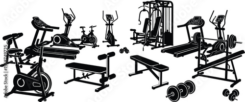 A black and white illustration of various gym equipment on a white background in a vector style