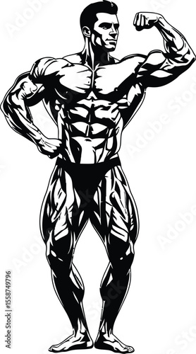 Illustration of a bodybuilder posing with defined muscles in black and white on a white background