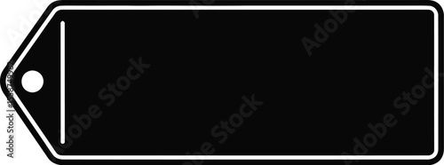 A black rectangle tag with rounded corners and a hole on the left side isolated on white background