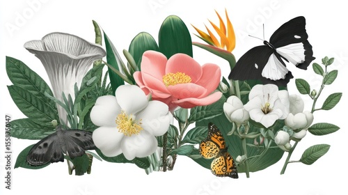 Tropical butterfly collage with pink flowers and green leaves