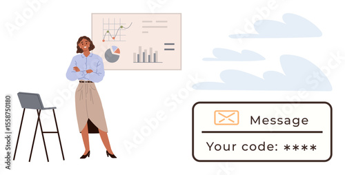Professional woman standing near a chart presentation with laptop, depicting security via message with code. Ideal for business, security, teamwork, workplace, growth, tech communication. Simple
