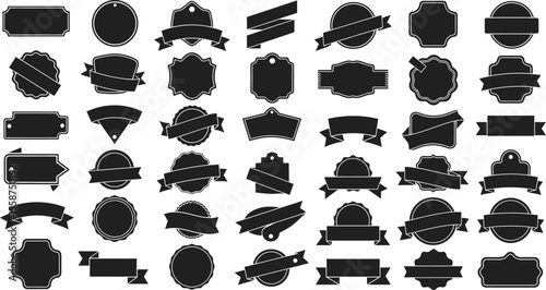 A collection of various black and white badge and banner designs on a white background in a vector format