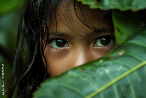 Where In The World. Portrait of Girl Playing in Nature Art Environment