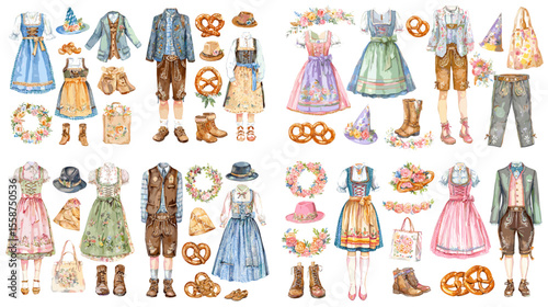 Colorful watercolor set of traditional Bavarian costumes for Oktoberfest, featuring dirndl dresses, lederhosen, pretzels, and festive accessories.

