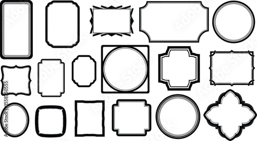 A collection of various black and white frames with different shapes and sizes displayed together nicely