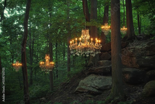 Whimsical Trees. Enchanting Forest Setting with Chandeliers Hanging from Trees