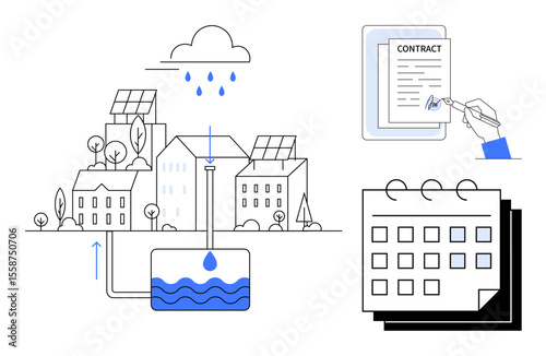 Cityscape with solar-powered homes, rainwater harvesting, and water tank. Calendar denotes planning. Contract signing highlights agreement for eco-friendly development. Ideal for sustainability