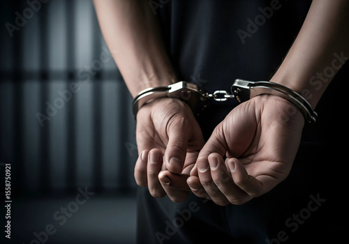 Arrested Person with Hands Cuffed Behind Back in Jail Cell Close-Up

