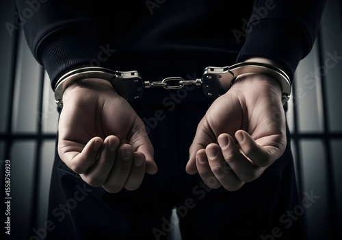 Arrested Person with Hands Cuffed Behind Back in Jail Cell Close-Up

