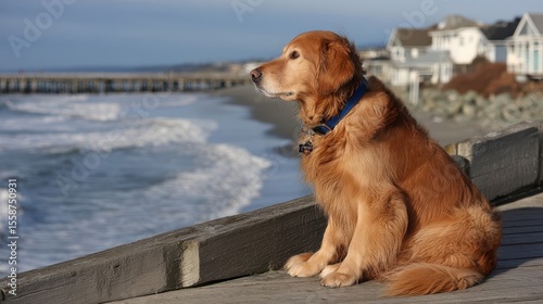 Golden retriever sits contemplatively on a seaside boardwalk.
