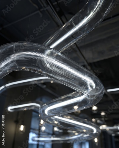 Spiral helix of transparent glass tubes in ambient space.