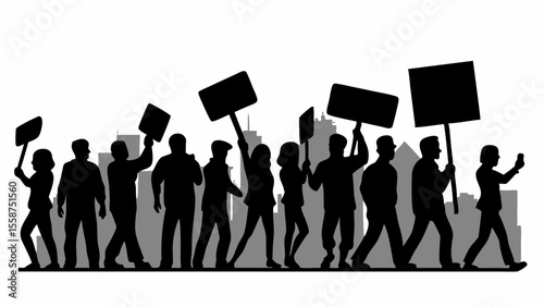Silhouette of a crowd of people marching with signs in front of a cityscape background illustration