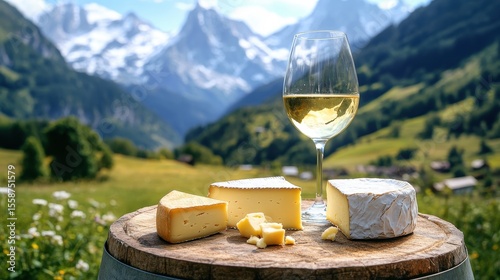 Wine Glass Mountains. Savoy Cheese Platter with White Wine and Alpine Peaks Background