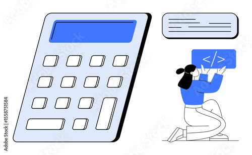 Large calculator with numeric keypad, woman holding code panel, dialog box overhead. Ideal for coding, finance, technology, education, data management, problem-solving simple landing page