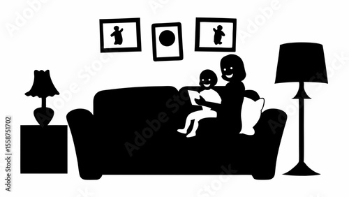 A silhouette of a parent and child reading on a couch in a room with lamps and pictures on the wall