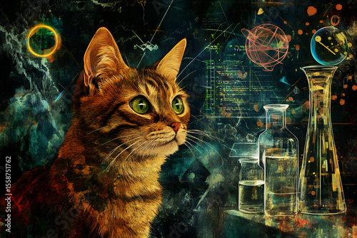 Schrödinger’s Cat with Scientific Formulas and Laboratory Glassware, Surreal Art