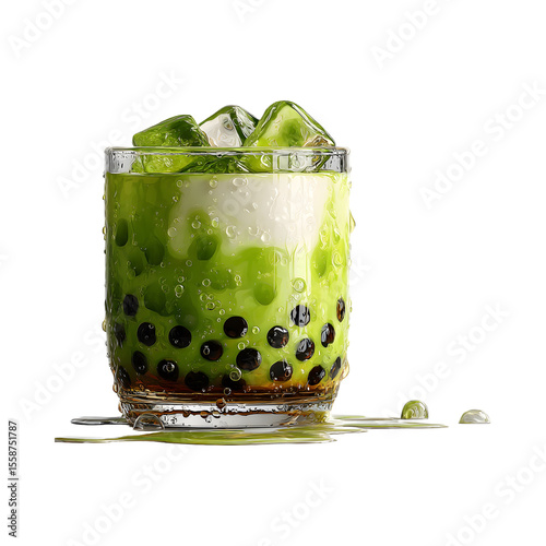 Refreshing Green Bubble Tea with Ice Cubes on a transparent background Aesthetic