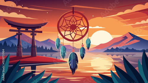 A handmade dreamcatcher hangs in front of a sunrise-lit tipi, feathers swaying in morning breeze. Far east, a vermilion Shinto Torii gate rises from still waters, mirrored perfectly in the lake below,