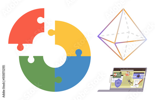 Multicolored circular puzzle, geometric shape, laptop with a virtual task board. Ideal for teamwork, problem-solving, collaboration, creativity, organization, project management and innovation