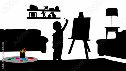 Silhouette of a child painting on an easel in a room with furniture and a shelf with decorations
