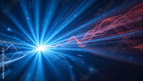 Radiating blue light streaks and flowing red waveforms create a dynamic abstract background for science and technology designs.