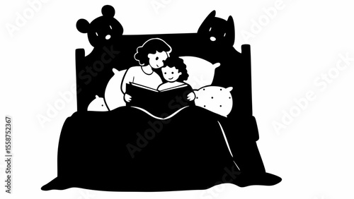A mother and child reading a book in bed with animal shaped headboard in black and white illustration silhouette