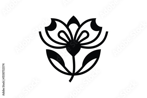 Elegant minimalist black and white stylized floral design; art deco inspired botanical illustration, perfect for branding, invitations, or website decoration; sophisticated and timeless aesthetic.