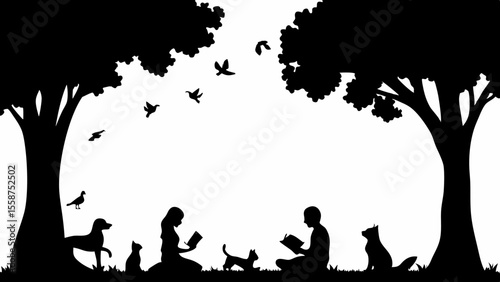 Silhouette of people reading under trees with animals and birds in a peaceful outdoor setting scene