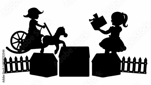 Silhouette of two girls with toys on boxes with a fence in a black and white illustration design