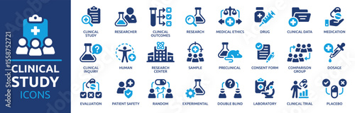 Clinical Study icon set. Clinical trial, laboratory, researcher, consent form, medication, experimental, clinical data and more. Solid vector icons collection.