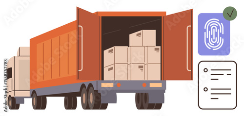 Cargo truck unloading boxes with digital fingerprint verification and document checklist. Ideal for logistics, supply chain, delivery service, e-commerce, security, inventory management