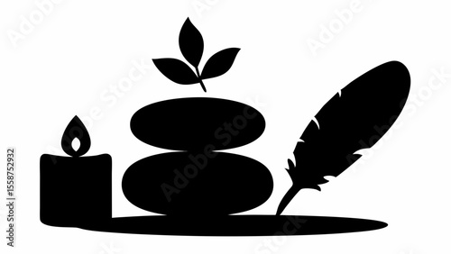 Black silhouette of candle, stacked stones with leaves, and feather on a white background design element