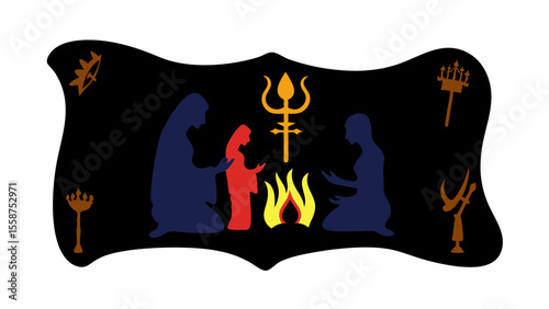 Illustration showing people in prayer around a fire with religious symbols on a decorative black background silhouette