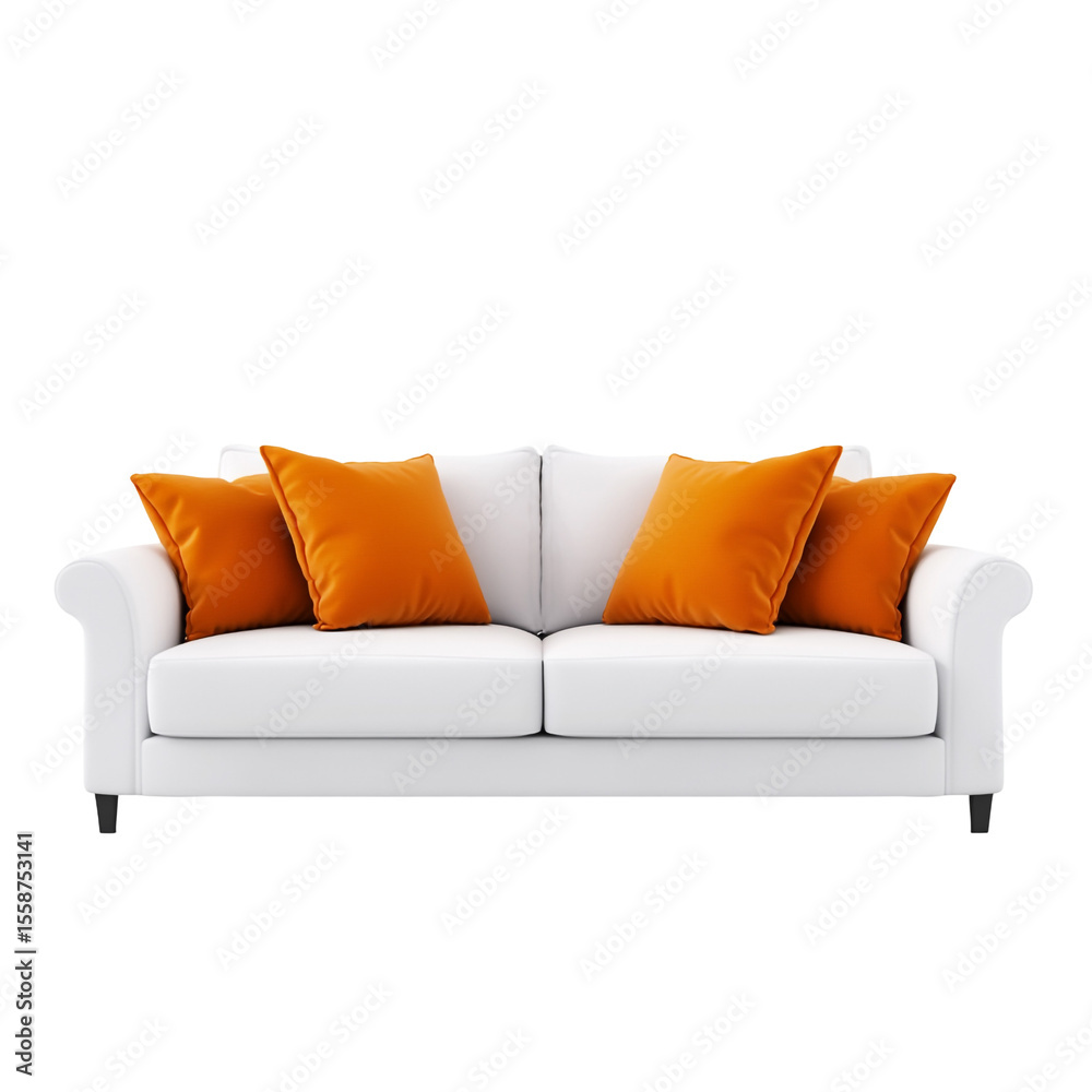 Naklejka premium White sofa with orange pillows home decor interior design furniture living room comfort cozy relaxation