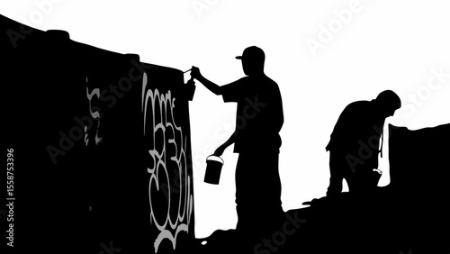Silhouette of two people painting graffiti on a wall with paint cans in black and white illustration