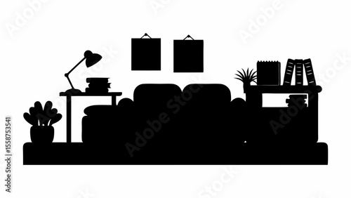 Silhouette of a living room interior with a sofa, bookshelf, desk, lamp, plants, and wall art decor