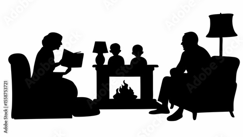 Silhouette of grandparents reading to grandchildren by the fireplace with a lamp and armchairs
