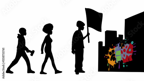 Silhouetted figures walking with flag and hammer in front of graffiti covered building in dark tones