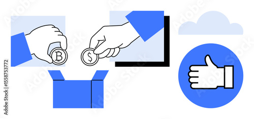 Hands placing coins into a box, digital currency symbols, cloud, and thumb-up icon. Ideal for finance, teamwork, investment, cryptocurrency, crowdfunding donations simple landing page