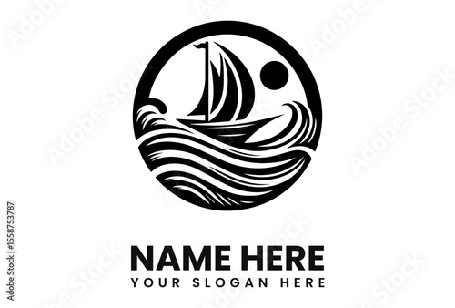 Elegant black and white sailboat logo design, depicting a vessel navigating ocean waves under a sun or moon.