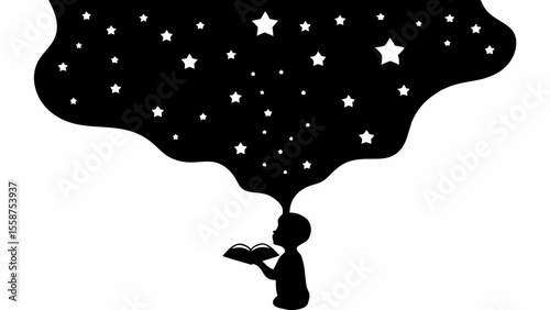 Silhouette of child reading a book under a starry night sky with stars emanating from the book pages
