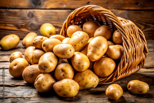 Basket of Jumbo Russet Potatoes Spilling Onto Rustic Surface. AI Generative