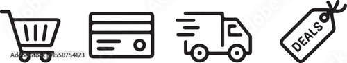Ecommerce Shopping Cart, Credit Card, Delivery Truck, Deals Tag Line Icons – Vector Set