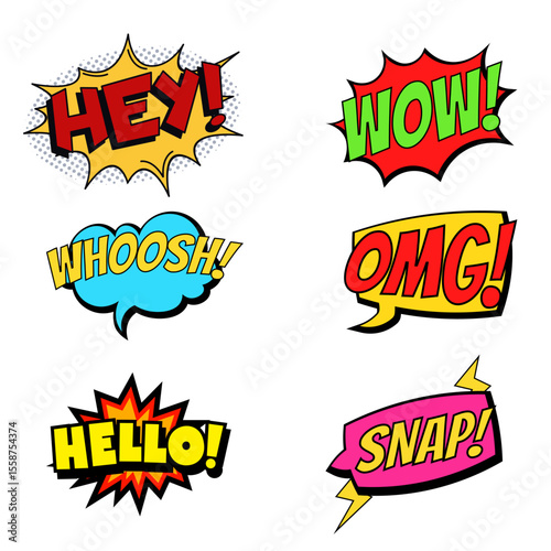 Bright comic expression labels like HEY!, HELLO!, and OMG! in bold cartoon explosion style. Ideal for kid-friendly graphics, comics, and posters.