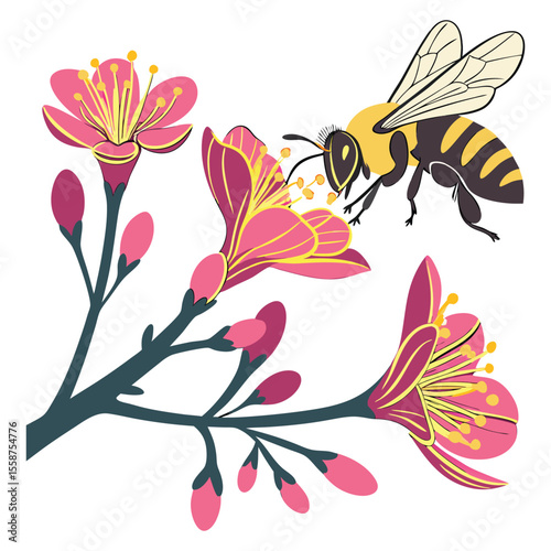 Busy Bee Pollinating a Hibiscus Flower A Vibrant Illustration