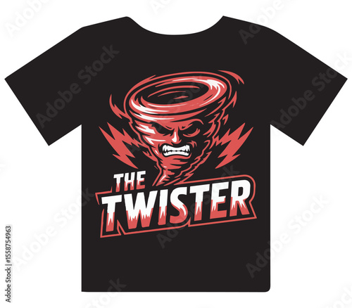 Aggressive Red Cartoon Twister T-Shirt Design – 'THE TWISTER' Text with Bolt Graphic