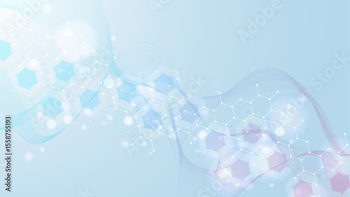 Modern scientific background with hexagons, lines and dots. Wave flow abstract background. Molecular structure for medical, technology, chemistry, science. Vector illustration