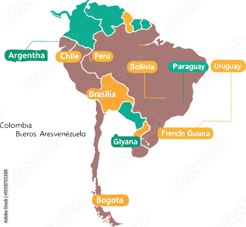 Stylized South America Map with Country Names and Capital Cities