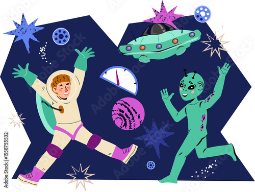Child astronaut and happy smiling alien, cartoon illustration. Space exploration, adventure, kids game or quest banner.