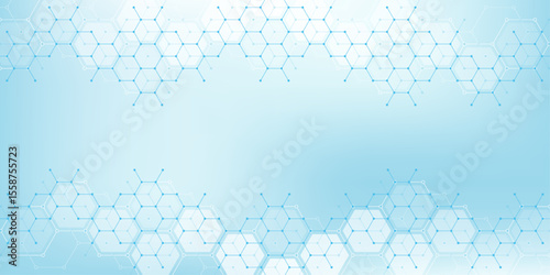 Health care or medical abstract background with hexagons, lines and dots. Scientific innovation banner template concept. Biology and pharmaceutical technology background. Vector illustration.